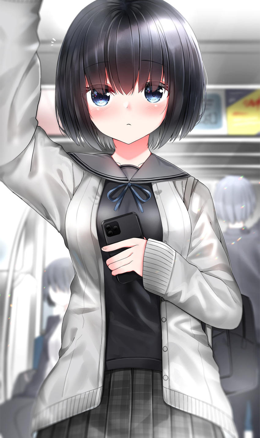 1girl black_hair black_serafuku blue_eyes blush breasts cardigan cellphone cellphone_camera grey_sailor_collar highres medium_breasts neku_(neku_draw) original phone plaid plaid_skirt pleated_skirt sailor_collar school_uniform serafuku short_hair skirt smartphone solo train_interior