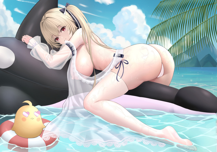 1girl anchorage_(azur_lane) anchorage_(dolphins_and_swim_lessons)_(azur_lane) ass azur_lane barefoot beach blonde_hair breasts closed_mouth dress from_side hanging_breasts highres inflatable_orca inflatable_toy inflatable_whale large_breasts looking_at_viewer manjuu_(azur_lane) nipples ocean official_alternate_costume outdoors red_eyes see-through sideboob sky smile thighhighs thighs tina_(tinafya) twintails water wet white_thighhighs