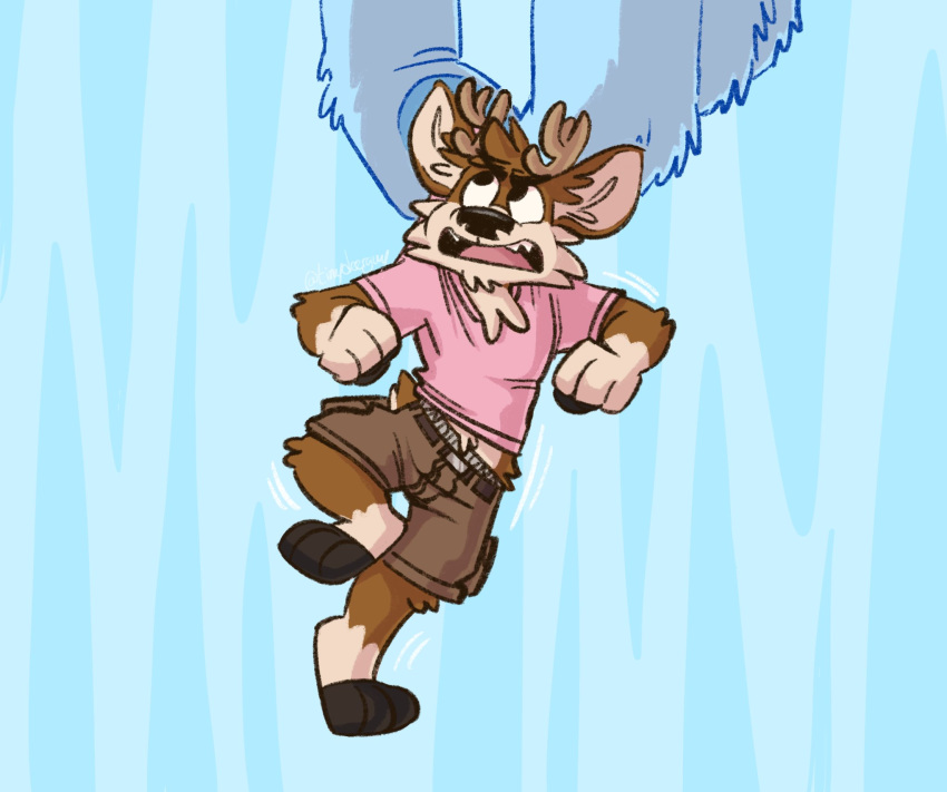 ambiguous_gender angry anthro barefoot belt blue_background bottomwear brown_bottomwear brown_clothing brown_pants cervid clothed clothing darwin_(tinydeerguy) duo hi_res male male_focus mammal micro open_mouth pants pink_clothing pink_shirt pink_topwear shirt simple_background solo_focus tinydeerguy topwear