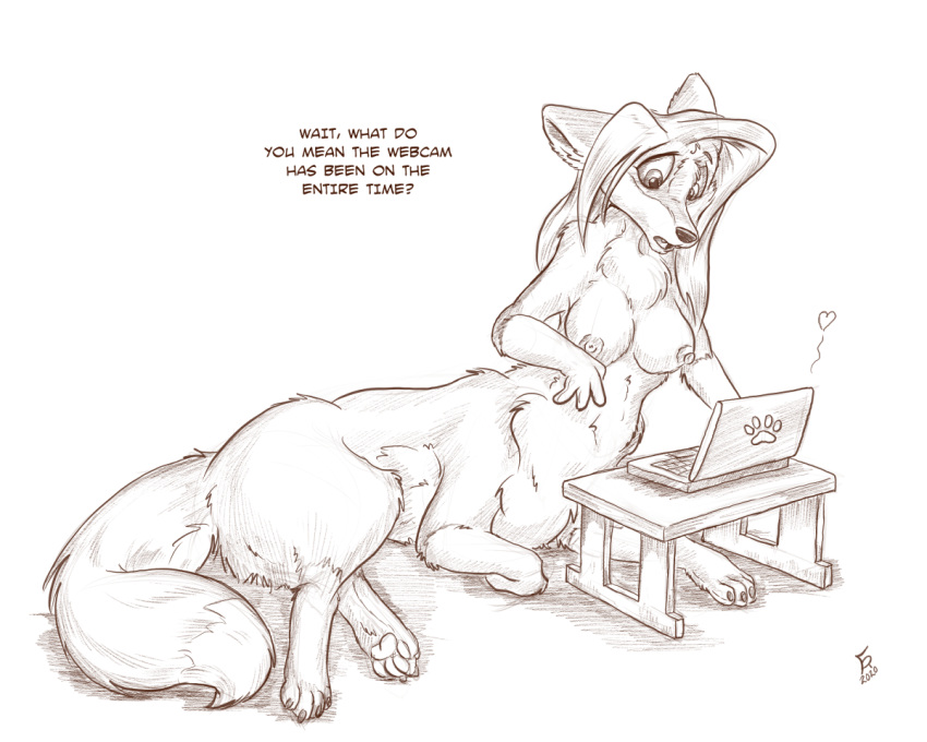 &lt;3 5:4 breasts canid canid_taur canine canine_taur computer dialogue dipstick_tail english_text female flinters fox fox_taur fur hair laptop lying mammal mammal_taur multicolored_tail nipples nude on_side open_mouth solo taur text