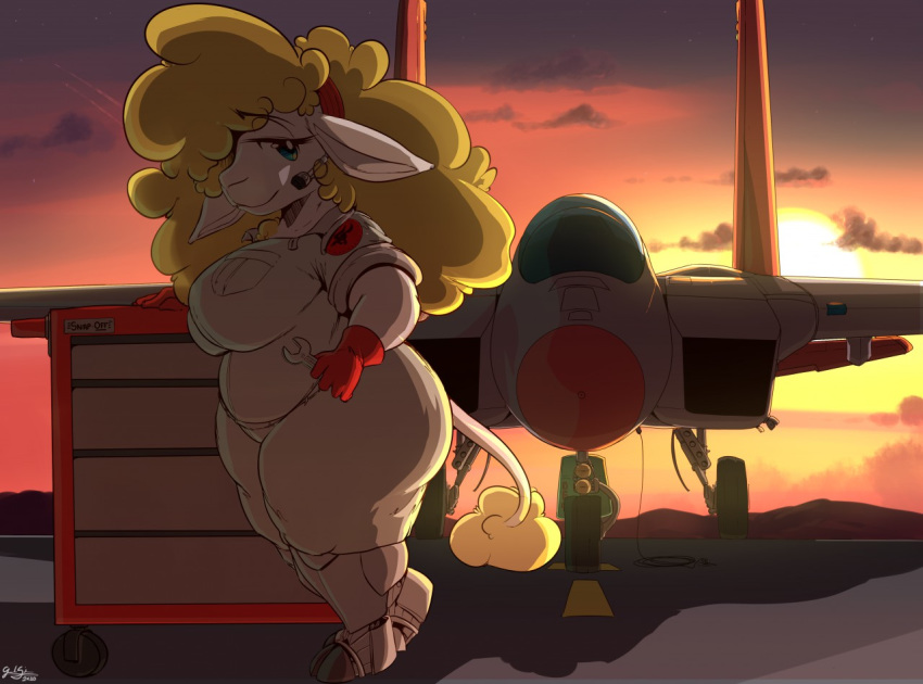 aircraft airplane anthro blue_eyes bovid caprine female flight_suit fur garuda_six headgear headphones headset jet mammal nintendo prosthetic prosthetic_leg prosthetic_limb sheep sheeply_vilakazi slightly_chubby solo star_fox sunset toolbox tools video_games white_body white_fur wool_(fur) wrench yellow_body yellow_fur