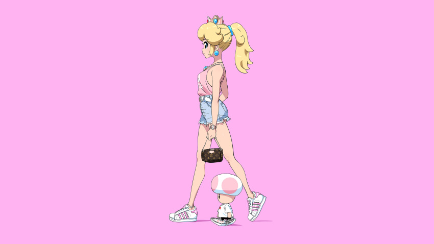 blonde_hair blue_eyes crown long_hair necklace pink ponytail princess_peach shirt shorts super_mario_bros toad tom_skender wristwear