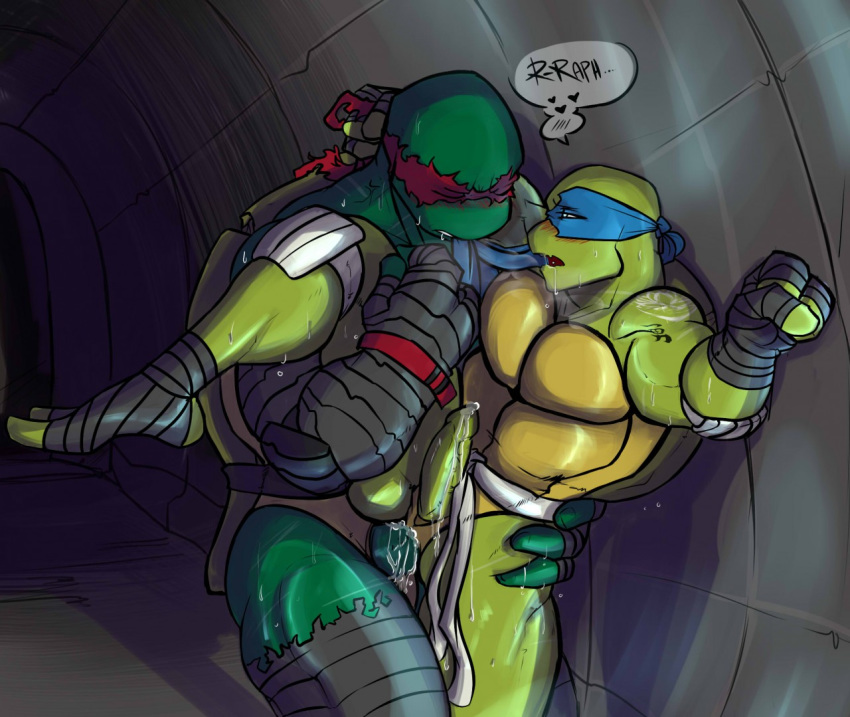 blush clothing dialogue duo genitals leonardo_(tmnt) male male/male muscular penis raphael_(tmnt) reptile scalie sewer teenage_mutant_ninja_turtles traitmill turtle