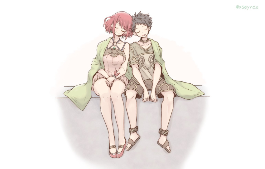 1boy 1girl alternate_costume bangs bare_legs breasts chest_jewel closed_eyes full_body large_breasts leaning_on_person mochimochi_(xseynao) o-ring pyra_(xenoblade) red_hair rex_(xenoblade) sandals shared_blanket shirt short_hair shorts shoulder-to-shoulder simple_background sitting sleeping sleeping_upright smile swept_bangs twitter_username white_background xenoblade_chronicles_(series) xenoblade_chronicles_2