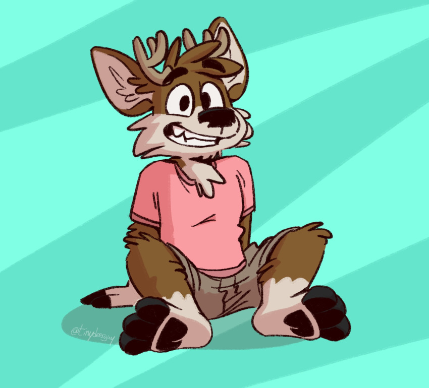 barefoot bottomwear cervid clothing darwin_(tinydeerguy) grey_bottomwear grey_clothing grey_pants hi_res male mammal open_mouth pants pink_clothing pink_shirt pink_topwear shirt shorts solo t-shirt teal_background tinydeerguy topwear