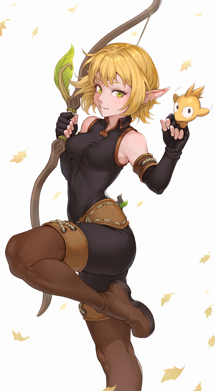 1girl animal bangs bare_shoulders belt black_gloves blonde_hair blush bodysuit boots bow_(weapon) breasts brown_footwear brown_legwear cheshirrr closed_mouth collarbone covered_navel cra dofus elbow_gloves elf evangelyne falling_leaves fingerless_gloves freckles full_body gloves green_eyes hands_up highres leaf leg_up looking_at_viewer medium_breasts parted_lips pointy_ears short_hair sleeveless smile solo standing standing_on_one_leg thigh_boots thighhighs tofu_(dofus) wakfu weapon