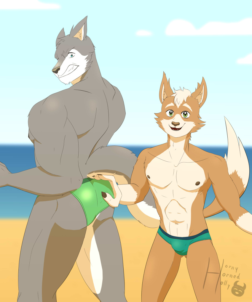 angry animal_humanoid anthro beach butt butt_grab canid canid_humanoid canine canine_humanoid canis clothing dog_humanoid domestic_dog duo food hand_on_butt happy hi_res hornyhornedholly hot_dog humanoid male male/male mammal mammal_humanoid seaside smile speedo summer swimwear wolf wolf_tail