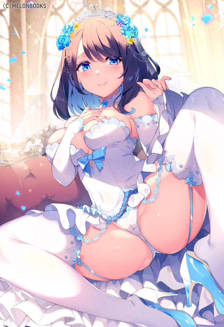 breast_hold cameltoe cut_(bu-kunn) dress heels pantsu skirt_lift stockings thighhighs thong wedding_dress