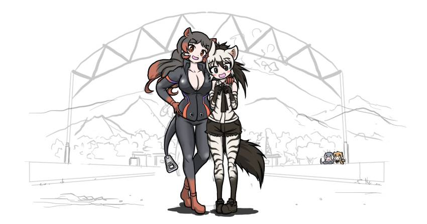 4girls ^_^ aardwolf_(kemono_friends) aardwolf_ears aardwolf_print aardwolf_tail animal_ears animal_print aomushi_taro arm_around_neck bangs bare_shoulders black_eyes black_hair black_shorts breasts brown_eyes cat_girl cleavage closed_eyes closed_mouth collarbone commentary_request cutoffs day elbow_gloves extra_ears eyebrows_visible_through_hair fake_tail feet_together friends full_body fur_collar fur_scarf gloves grey_hair hair_between_eyes hand_on_another's_shoulder hand_on_hip hands_up head_tilt height_difference highres hippopotamus_(kemono_friends) hippopotamus_ears jacket jaguar_(kemono_friends) jaguar_ears jaguar_girl jaguar_print kemono_friends knees_apart_feet_together large_breasts long_hair long_sleeves looking_at_another looking_at_viewer marker_(medium) medium_hair millipen_(medium) multicolored_hair multiple_girls open_mouth orange_hair otter_ears otter_girl otter_tail outdoors pants parted_bangs partially_unzipped ponytail print_gloves print_legwear print_shirt red_hair scarf shirt shoes short_shorts shorts side-by-side sidelocks sleeveless sleeveless_shirt small-clawed_otter_(kemono_friends) smile standing tail thigh_gap traditional_media two-tone_hair white_hair zipper zipper_pull_tab |d