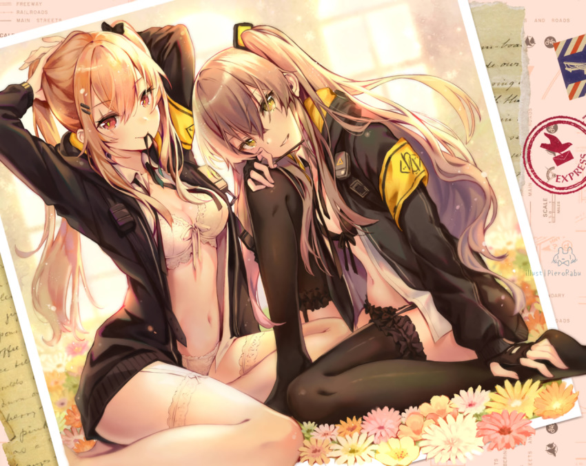 2girls anthropomorphism bra brown_eyes brown_hair flowers garter_belt girls_frontline gloves long_hair navel pierorabu ump-45_(girls_frontline) ump-9_(girls_frontline) underwear yellow_eyes