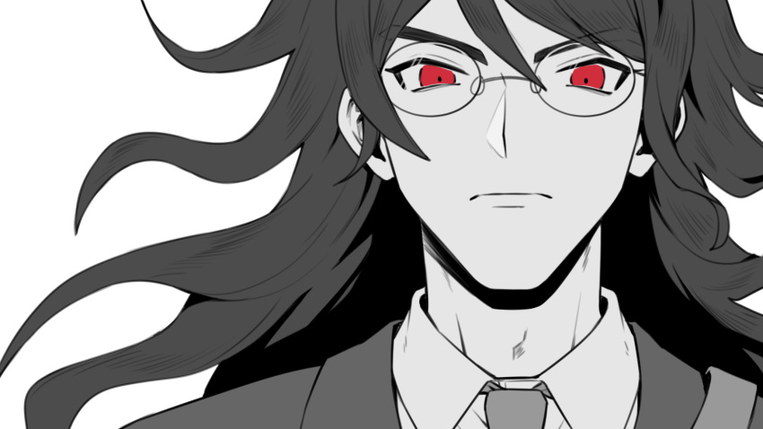 1boy bangs closed_mouth commentary_request danganronpa ewa_(seraphhuiyu) face glasses gokuhara_gonta highres long_hair looking_at_viewer male_focus messy_hair necktie new_danganronpa_v3 portrait red_eyes serious simple_background solo spot_color white_background wing_collar