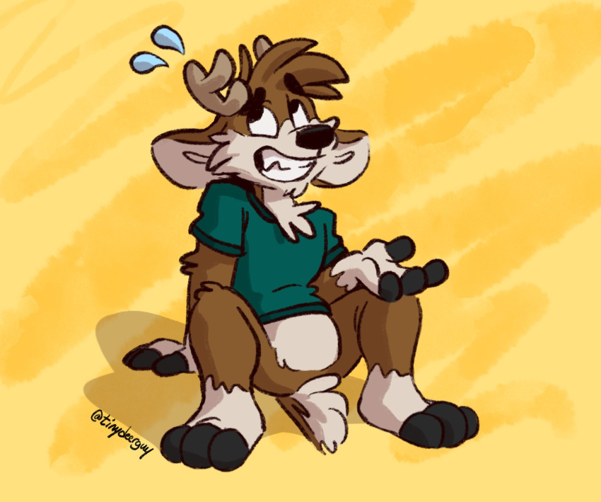 anthro barefoot bodily_fluids bottomless cervid clothed clothing darwin_(tinydeerguy) green_clothing green_shirt green_topwear hi_res male mammal nullvember open_mouth shirt simple_background solo sweat sweatdrop t-shirt teeth_showing tinydeerguy topwear yellow_background