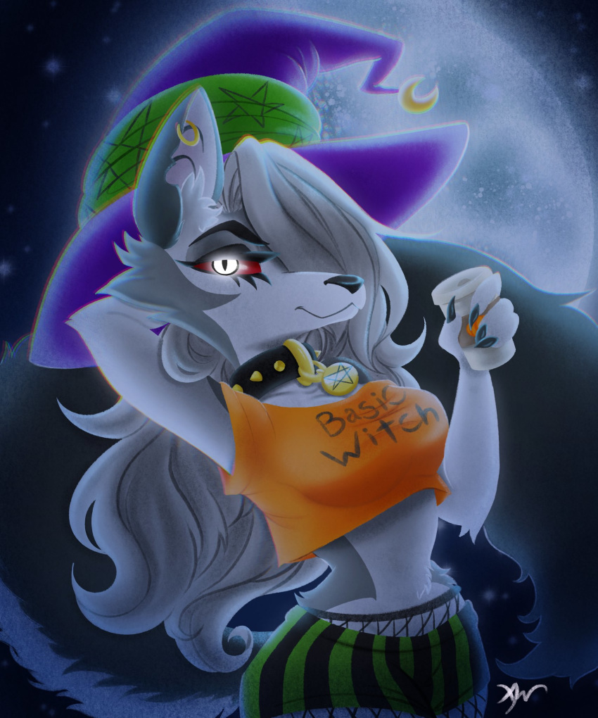 anthro ash_andpaper canid canid_demon clothing demon female hat headgear headwear hellhound helluva_boss hi_res loona_(vivzmind) magic_user mammal monster moon solo witch witch_hat