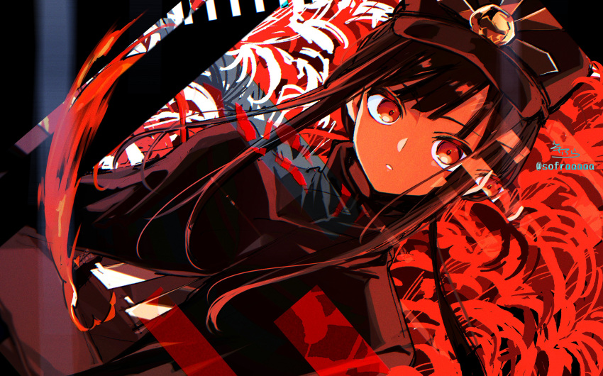 1boy absurdres bangs black_hair black_headwear black_jacket commentary_request dutch_angle eyebrows_visible_through_hair fate/grand_order fate_(series) flower hat highres jacket long_hair looking_away looking_to_the_side male_focus oda_nobukatsu_(fate/grand_order) parted_lips peaked_cap red_eyes red_flower signature sofra solo spider_lily twitter_username upper_body very_long_hair