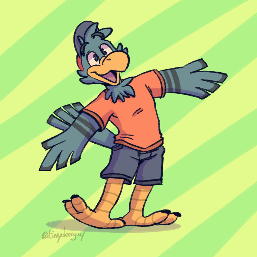 1:1 adler_eagle anthro barefoot blue_bottomwear blue_clothing blue_eyes blue_pants bottomwear clothing feathers green_background hi_res male open_mouth pants pattern_background red_clothing red_shirt red_topwear shirt shorts simple_background solo striped_background t-shirt tinydeerguy tongue_showing topwear wings yellow_background