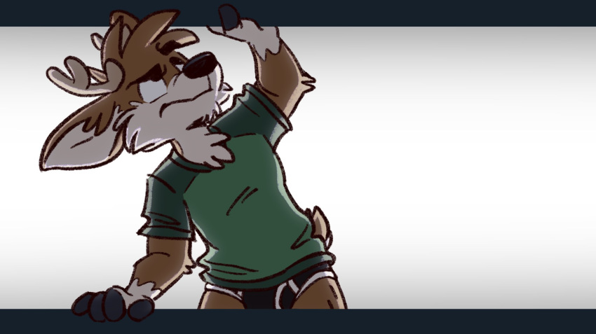 anthro black_clothing black_underwear blue_clothing blue_shirt blue_topwear briefs bulge cervid clothing darwin_(tinydeerguy) gradient_background green_clothing green_shirt green_topwear hi_res holding_(disambiguation) male mammal pulling_open shirt simple_background solo t-shirt tinydeerguy topwear underwear white_background