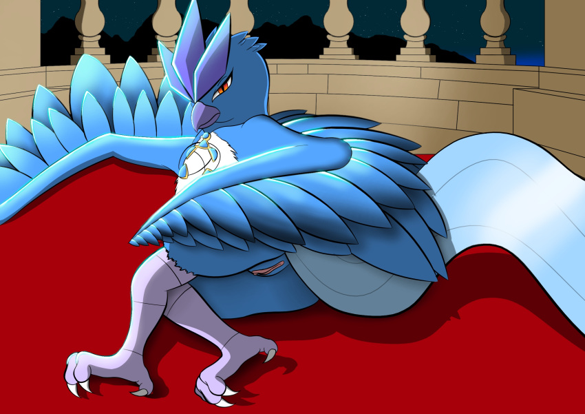 articuno avian beak bird blue_body blue_feathers butt claws collar crystal detailed_background feathered_wings feathers female feral genitals half-closed_eyes hi_res justwhite legendary_pok&eacute;mon long_tail looking_at_viewer lying lying_on_ground narrowed_eyes night nintendo nude on_front paws pok&eacute;mon pok&eacute;mon_(species) pose pussy red_eyes serious serious_face solo thick_thighs video_games wings