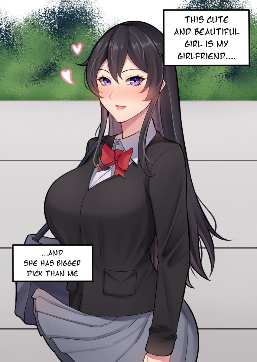 1girl bag band-width black_hair black_jacket blush bow bowtie breasts collared_shirt commentary english_text erection erection_under_clothes futanari grey_skirt hair_between_eyes handbag heart highres implied_erection implied_futanari jacket large_breasts long_hair long_sleeves looking_at_viewer nose_blush open_mouth original outdoors pleated_skirt pov purple_eyes red_neckwear shirt sidelocks skirt smile solo standing