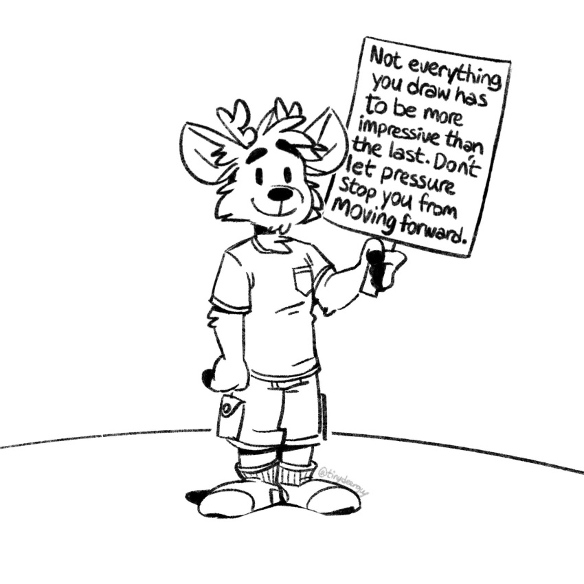 1:1 anthro black_and_white bottomwear cargo_shorts cervid clothing darwin_(tinydeerguy) english_text footwear hi_res male mammal monochrome motivational_poster pockets shirt shorts sign simple_background socks solo t-shirt text tinydeerguy topwear white_background