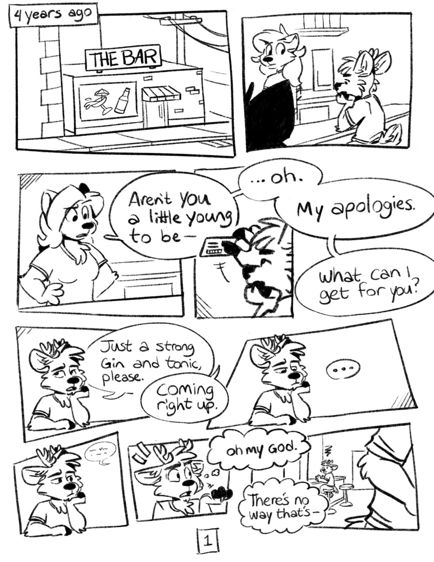 ... ambiguous_gender anthro bar barmaid beverage black_and_white canid canine cervid city comic darwin_(tinydeerguy) dialog_box english_text female flashback gin_and_tonic group hi_res male mammal monochrome number sitting text tinydeerguy