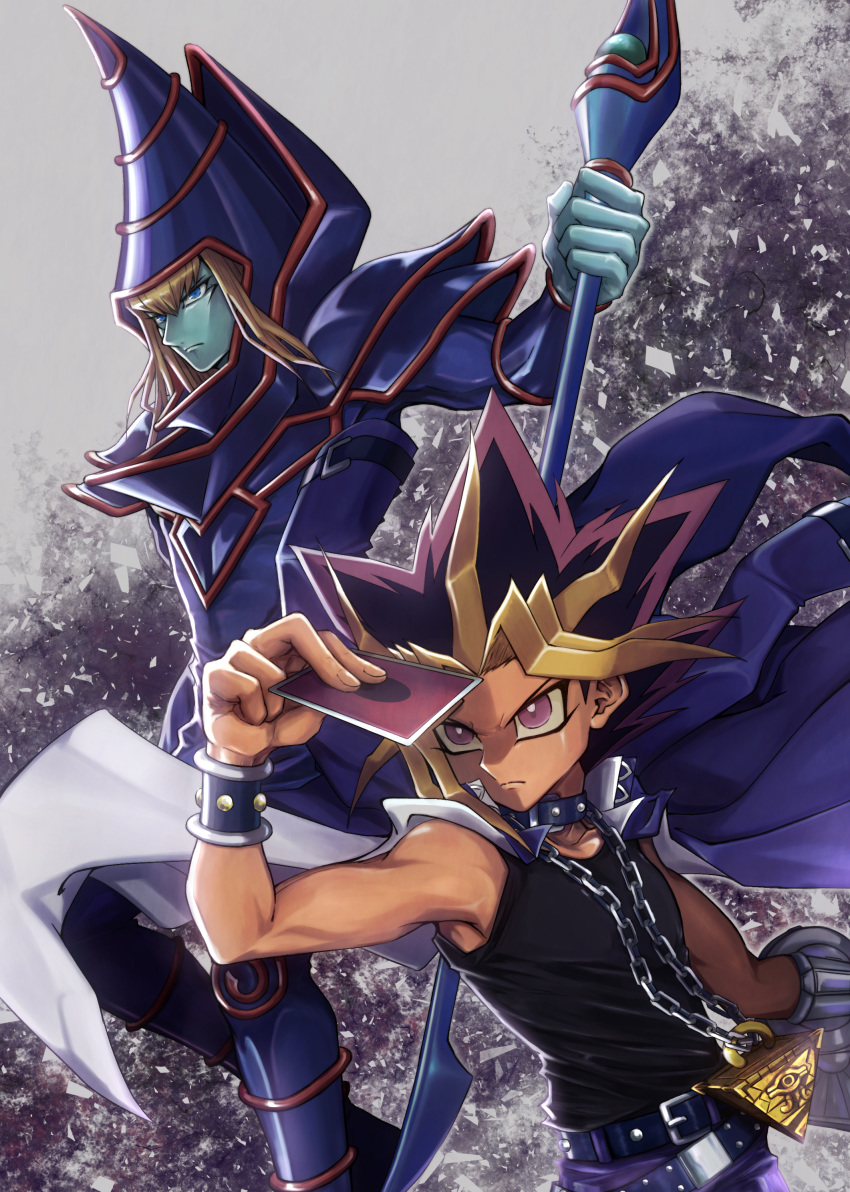 2boys absurdres arm_up bare_shoulders belt black_hair blonde_hair blue_choker blue_eyes blue_jacket brown_hair card chain choker closed_mouth collarbone dark_magician duel_disk duel_monster facial_mark fingernails green_skin highres holding holding_card holding_staff jacket jacket_on_shoulders jewelry mage male_focus multicolored multicolored_hair multiple_boys necklace purple_eyes purple_hair staff studded_choker suzurichan715 yami_yuugi yu-gi-oh! yu-gi-oh!_duel_monsters