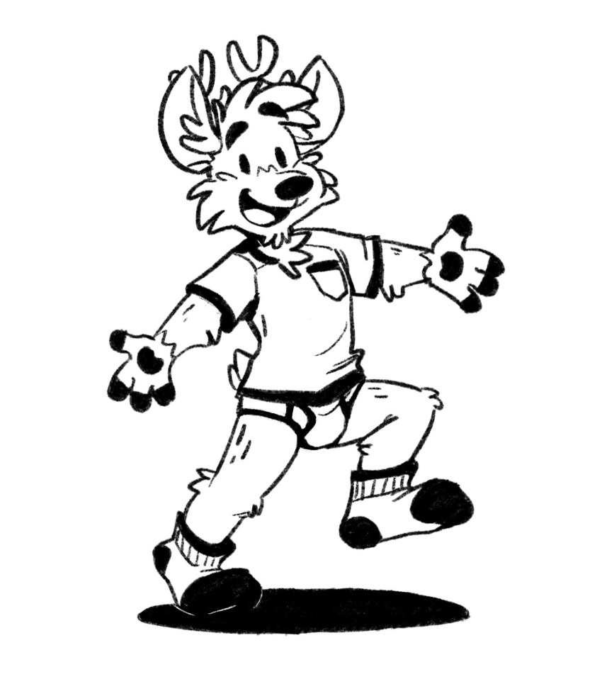 black_and_white briefs cervid clothing darwin_(tinydeerguy) footwear hi_res male mammal monochrome open_mouth pockets shadow shirt simple_background socks solo t-shirt tinydeerguy tongue_showing topwear underwear white_background