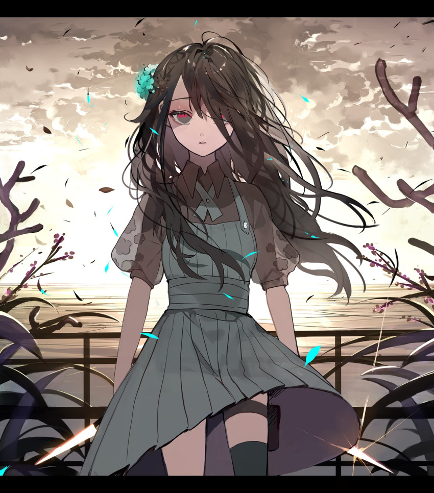 1girl asymmetrical_legwear bad_end berry black_hair black_legwear blown_petals blue_dress blue_flower branch bush cloud cloudy_sky commentary_request cowboy_shot dress dual_wielding flower gleam grey_eyes hair_flower hair_ornament hair_over_one_eye highres holding holding_knife holster horizon knife leaf leaves_in_wind long_hair messy_hair multicolored multicolored_eyes natsuro ocean original parted_lips railing red_eyes sky solo sunset thigh_holster thigh_strap thighhighs tsurime water wind