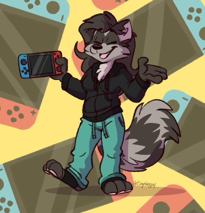 anthro black_clothing black_legwear black_socks black_topwear clothing detailed_background eyes_closed female footwear grey_hair hair hi_res hoodie legwear mammal nintendo nintendo_switch open_mouth procyonid raccoon riley_(tinydeerguy) simple_background smile socks solo sweatpants teal_pants tinydeerguy toeless_socks tongue_showing topwear video_games yellow_background