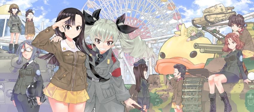 6+girls absurdres amusement_park anchovy_(girls_und_panzer) anzio_(emblem) anzio_military_uniform arm_around_shoulder arms_behind_back asymmetrical_bangs azumi_(girls_und_panzer) bangs belt beret bespectacled bird black_belt black_eyes black_footwear black_hair black_headwear black_jacket black_neckwear black_shirt black_skirt blonde_hair boots braid brown_eyes brown_hair brown_headwear brown_jacket carpaccio_(girls_und_panzer) carro_veloce_cv-33 chi-hatan_military_uniform closed_eyes closed_mouth cloud cloudy_sky commentary cross-laced_footwear dress_shirt drill_hair duck emblem eyebrows_visible_through_hair eyewear_switch ferris_wheel frown fukuda_(girls_und_panzer) girls_und_panzer girls_und_panzer_gekijouban glasses goggles green_hair grey_hair grey_jacket grey_pants grey_skirt grin ground_vehicle hair_ribbon hand_on_another's_shoulder hat headwear_switch highres holding hosomi_(girls_und_panzer) huge_filesize inou_takashi insignia jacket japanese_tankery_league_(emblem) knife lace-up_boots long_hair long_sleeves looking_at_another looking_at_viewer m24_chaffee medium_hair megumi_(girls_und_panzer) military military_hat military_uniform military_vehicle miniskirt motor_vehicle multiple_girls necktie nishi_kinuyo opaque_glasses open_mouth outdoors pants parted_bangs pencil_skirt pepperoni_(girls_und_panzer) pleated_skirt pointing red_eyes ribbon roller_coaster round_eyewear rumi_(girls_und_panzer) salute sam_browne_belt selection_university_(emblem) selection_university_military_uniform shirt side-by-side side_braid single_braid skirt sky smile standing standing_at_attention star_(symbol) swept_bangs tamada_(girls_und_panzer) tank tank_helmet twin_braids twin_drills twintails type_95_ha-gou type_97_chi-ha uniform white_shirt wing_collar yellow_skirt