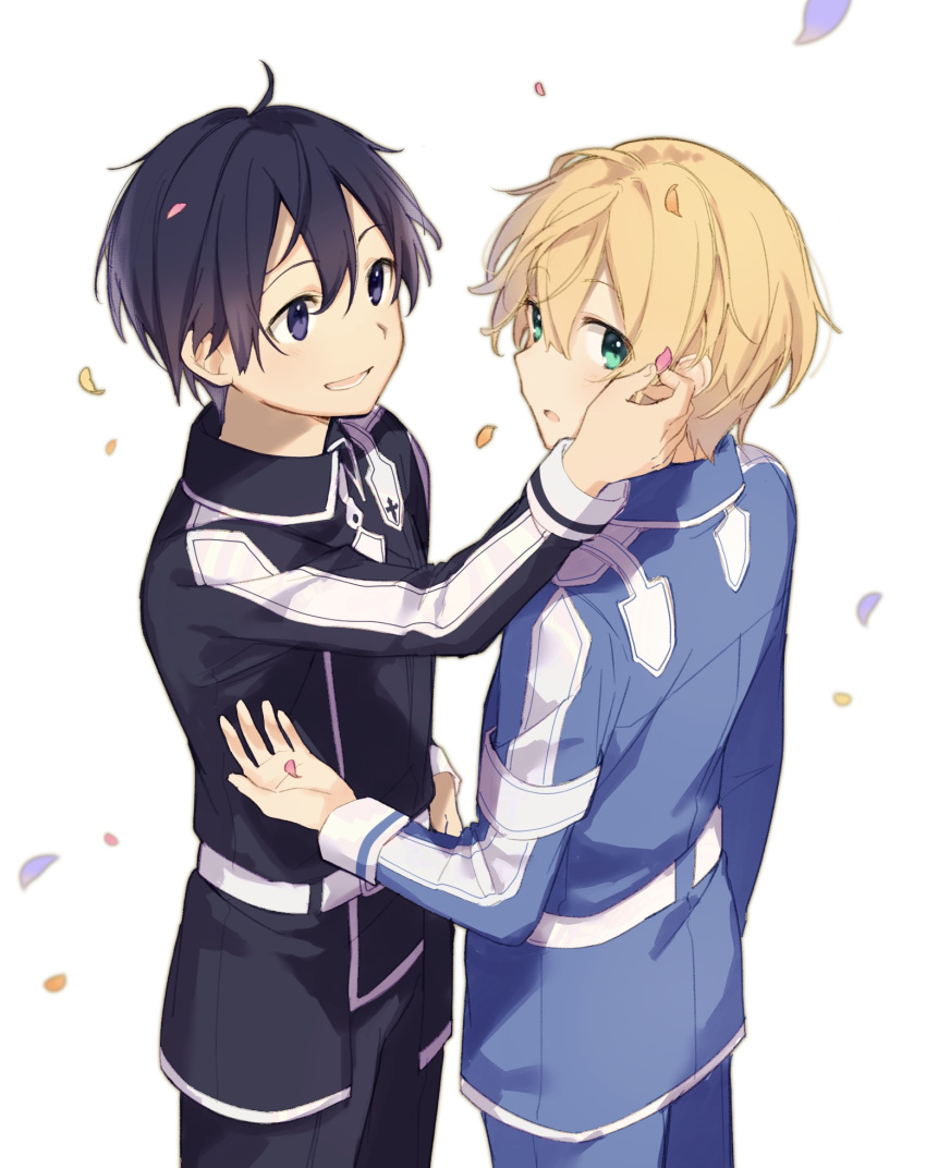 2boys ahoge bangs belt black_hair black_jacket black_pants blonde_hair blue_eyes blue_jacket blue_pants blush commentary_request eugeo green_eyes hand_on_another's_face highres holding jacket jewelry kirito long_sleeves looking_at_another looking_at_viewer lower_teeth male_focus multiple_boys noro_(ro_no) open_mouth pants petals purple_eyes short_hair simple_background smile standing sword_art_online uniform white_background white_belt