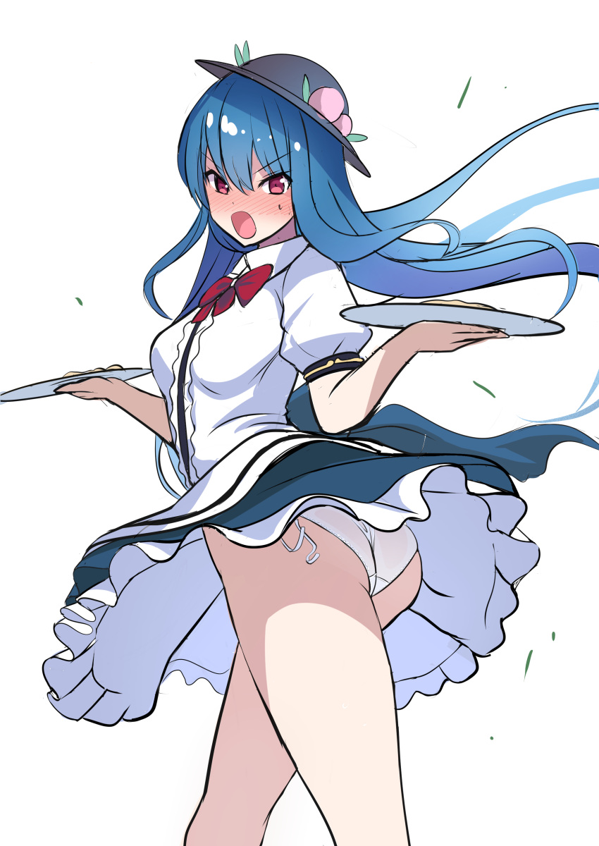 1girl :o absurdres amisu arms_up ass bangs black_headwear blue_hair blue_skirt blush breasts center_frills clothes_lift commentary_request dot_nose dress embarrassed eyebrows_visible_through_hair eyelashes feet_out_of_frame frilled_skirt frills fruit_hat_ornament highres hinanawi_tenshi holding holding_plate large_breasts long_hair looking_at_viewer nose_blush one-hour_drawing_challenge open_mouth panties peach_hat_ornament plate puffy_short_sleeves puffy_sleeves red_eyes red_neckwear red_ribbon ribbon shiny shiny_hair shirt short_sleeves simple_background skirt skirt_lift solo standing sweatdrop thighs touhou underwear v-shaped_eyebrows white_background white_panties white_shirt wind wind_lift wing_collar