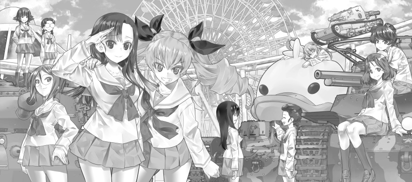 6+girls absurdres amusement_park anchovy_(girls_und_panzer) anzio_(emblem) arm_around_shoulder arms_behind_back asymmetrical_bangs azumi_(girls_und_panzer) bangs bird blouse braid carpaccio_(girls_und_panzer) carro_veloce_cv-33 closed_eyes closed_mouth cloud cloudy_sky commentary drill_hair duck emblem eyebrows_visible_through_hair ferris_wheel frown fukuda_(girls_und_panzer) girls_und_panzer girls_und_panzer_gekijouban glasses greyscale grin ground_vehicle hair_ribbon hand_on_another's_shoulder highres hosomi_(girls_und_panzer) inou_takashi loafers long_hair long_sleeves looking_at_another looking_at_viewer m24_chaffee medium_hair megumi_(girls_und_panzer) military military_vehicle miniskirt monochrome motor_vehicle multiple_girls neckerchief nishi_kinuyo ooarai_school_uniform opaque_glasses open_mouth outdoors parted_bangs parted_lips pepperoni_(girls_und_panzer) pleated_skirt pointing ribbon roller_coaster round_eyewear rumi_(girls_und_panzer) salute school_uniform serafuku shoes short_hair side-by-side side_braid single_braid sitting skirt sky smile socks standing standing_at_attention swept_bangs tamada_(girls_und_panzer) tank twin_braids twin_drills twintails type_95_ha-gou type_97_chi-ha