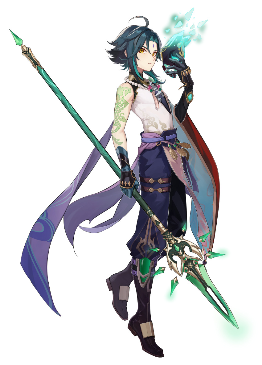 1boy absurdres full_body genshin_impact gloves green_hair highres jewelry mask neclace official_art polearm solo tattoo transparent weapon xiao_(genshin_impact) yellow_eyes