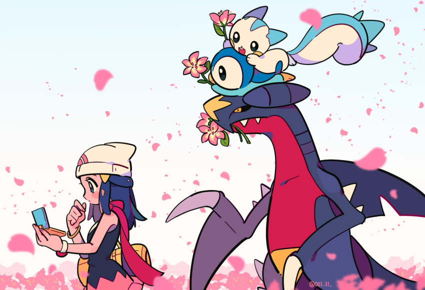 1girl beanie blue_eyes blue_hair blush_stickers chueog closed_mouth dawn_(pokemon) eyelashes flower garchomp gen_4_pokemon hair_ornament hairclip hat highres holding long_hair mouth_hold pachirisu petals pink_flower piplup pokemon pokemon_(creature) pokemon_(game) pokemon_dppt scarf watermark white_headwear