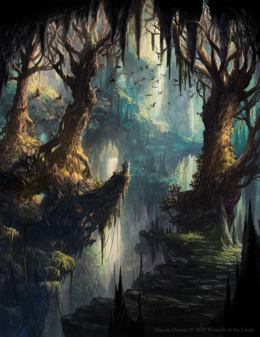 absurdres alayna_danner animal artist_name bare_tree bird cliff commentary derivative_work fantasy highres landscape magic:_the_gathering nature no_humans outdoors plant scenery tree