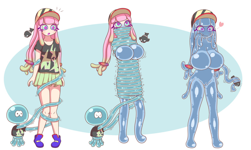 &lt;3 &lt;3_eyes 2019 5:3 ambiguous_gender animal_humanoid bottomwear breast_expansion breasts cephalopod clothing cnidarian cnidarian_humanoid coleoid duo expansion featureless_breasts female footwear genitals growth hair hi_res human human_to_humanoid humanoid jellyfish_humanoid mammal marine marine_humanoid medusozoan medusozoan_humanoid mollusk nude octopodiform pink_eyes pink_hair pussy qoqu sequence shirt shoes simple_background skirt standing tentacle_growth tentacles topwear