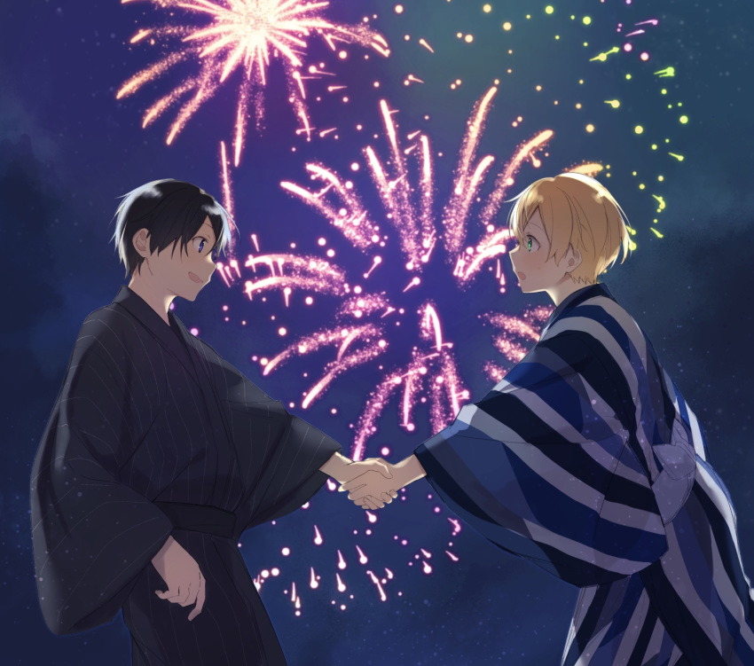 2boys black_hair black_kimono blonde_hair blue_eyes blue_kimono commentary_request eugeo eye_contact fireworks from_side highres holding_hands japanese_clothes kimono kirito long_sleeves looking_at_another male_focus multicolored multicolored_clothes multicolored_kimono multiple_boys night night_sky noro_(ro_no) open_mouth sky smile standing star_(sky) starry_sky striped striped_kimono sword_art_online white_kimono wide_sleeves yaoi