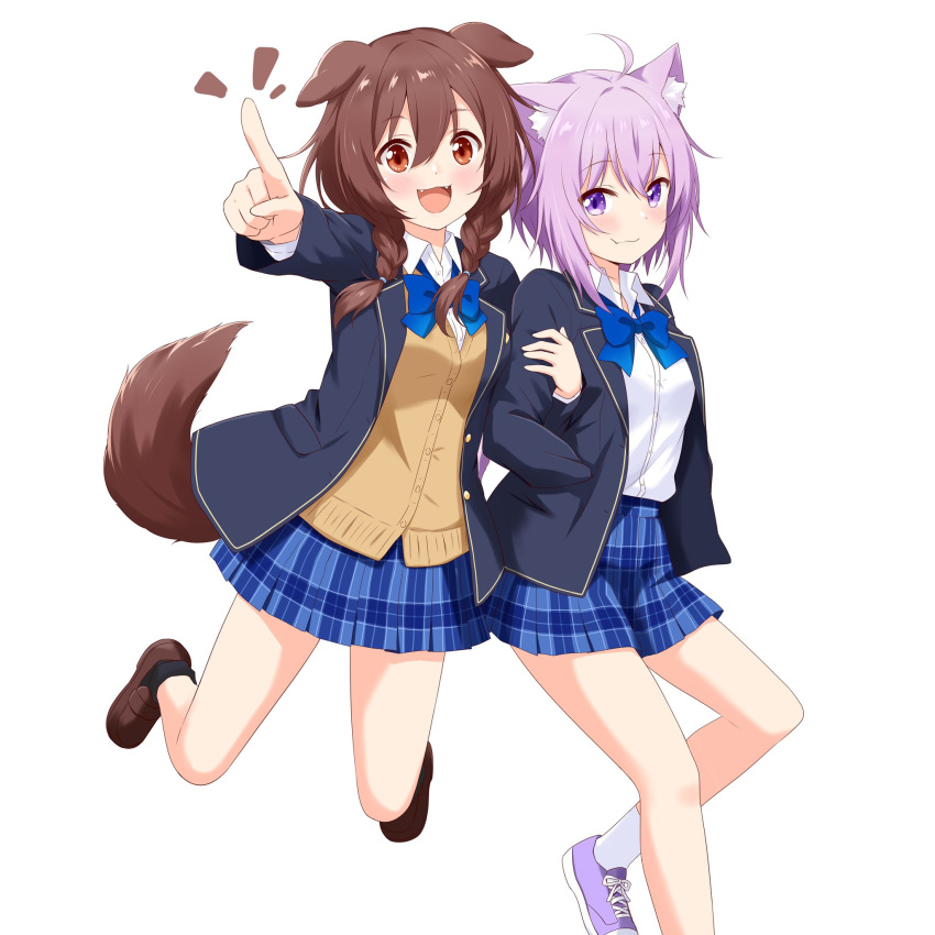 2girls animal_ear_fluff animal_ears bangs black_legwear blazer blue_jacket blue_neckwear blue_skirt blush bow bowtie braid brown_eyes brown_hair cardigan cat_ears cat_girl collared_shirt commentary_request dog_ears dog_girl dog_tail eyebrows_visible_through_hair fangs felutiahime hair_between_eyes hand_in_pocket highres holding_another's_arm hololive inugami_korone jacket loafers long_hair looking_at_viewer multiple_girls nekomata_okayu notice_lines open_blazer open_clothes open_jacket open_mouth plaid plaid_skirt pleated_skirt pointing purple_eyes purple_hair shirt shoes short_hair sidelocks simple_background skirt smile sneakers socks tail twin_braids virtual_youtuber white_background white_legwear white_shirt