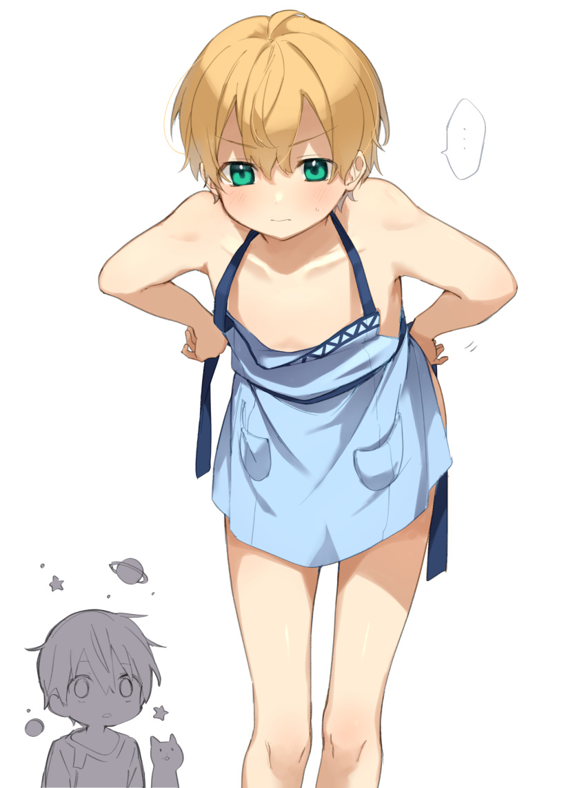 ... 2boys absurdres apron bangs bare_arms bare_shoulders bent_over blonde_hair blue_apron blush cat closed_mouth collarbone commentary_request eugeo feet_out_of_frame frown green_eyes halterneck hand_on_hip highres kirito long_legs looking_at_another looking_at_viewer male_focus multiple_boys naked_apron noro_(ro_no) otoko_no_ko shirt short_hair simple_background solo_focus speech_bubble standing staring sword_art_online sword_art_online:_alicization white_background