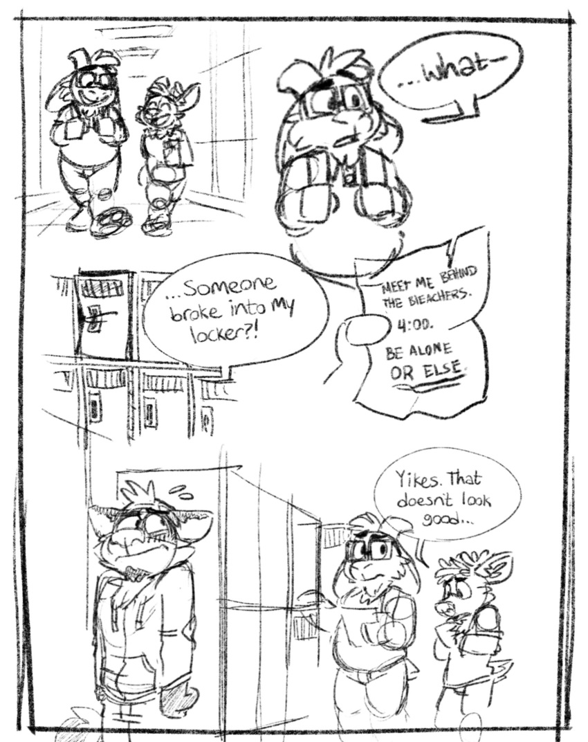 anthro barefoot blush bodily_fluids bovid bullying caprine cervid clothing comic crush darwin_(tinydeerguy) dialogue embarrassed english_text eyewear gary_(tinydeerguy) glasses goat group hi_res hoodie laugh male male/male mammal monochrome note overweight overweight_male procyonid raccoon sam_(tinydeerguy) sketch sweat text tinydeerguy topwear underline