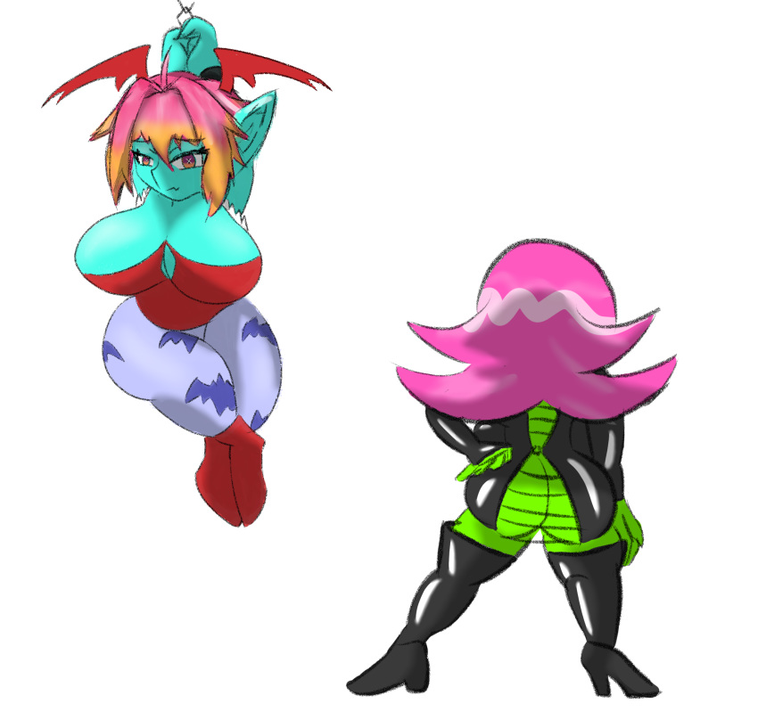 adelia_(changbae) big_breasts breasts capcom chain chained chubby_female darkstalkers dart_(thecon) duo female goblin green_body hair hi_res huge_breasts humanoid lilith_aensland morrigan_aensland mrschllyay pink_hair video_games
