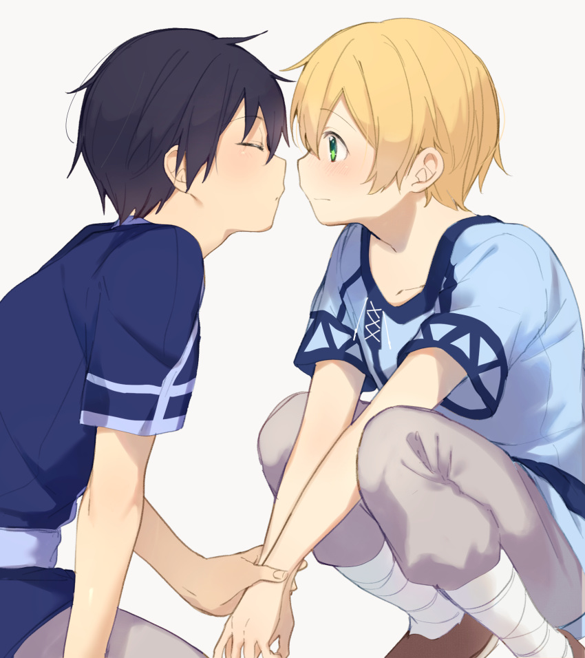 2boys bangs black_hair blonde_hair blue_shirt blush brown_footwear closed_eyes closed_mouth collarbone commentary_request eugeo from_side green_eyes grey_pants highres imminent_kiss kirito looking_at_another male_focus multiple_boys noro_(ro_no) pants shirt shoes short_hair short_sleeves sitting squatting striped striped_shirt sword_art_online sword_art_online:_alicization wrist_grab yaoi