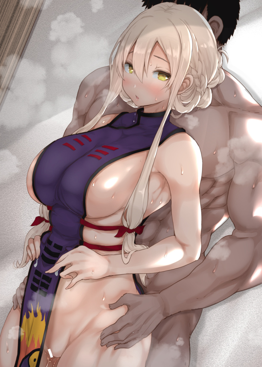 1boy 1girl alternate_hairstyle bar_censor belly black_hair blonde_hair blush braid breasts censored clothed_female_nude_male cowboy_shot deep_skin dutch_angle fingernails flame_print french_braid hair_between_eyes hair_ribbon hair_up hands_on_another's_hips hetero highres hitodama_print huge_breasts imminent_sex impossible_clothes indoors long_hair looking_at_viewer muscle naked_tabard nude opanchu_(hakusen) platinum_blonde_hair pussy pussy_juice red_ribbon reflective_eyes ribbon shiny shiny_clothes shiny_hair shiny_skin short_hair_with_long_locks sideboob solo_focus standing steam sweat tabard touhou tress_ribbon trigram yakumo_yukari yellow_eyes yin_yang_print