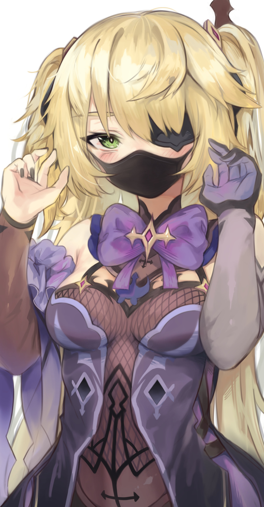 1girl absurdres arm_scrunchie bangs black_nails blonde_hair blush bow breasts dress elbow_gloves eyepatch facial_mask fischl_(genshin_impact) genshin_impact gloves green_eyes highres huge_filesize long_hair mask medium_breasts nail_polish purple_bow purple_dress purple_neckwear scrunchie simple_background solo torriet two_side_up white_background