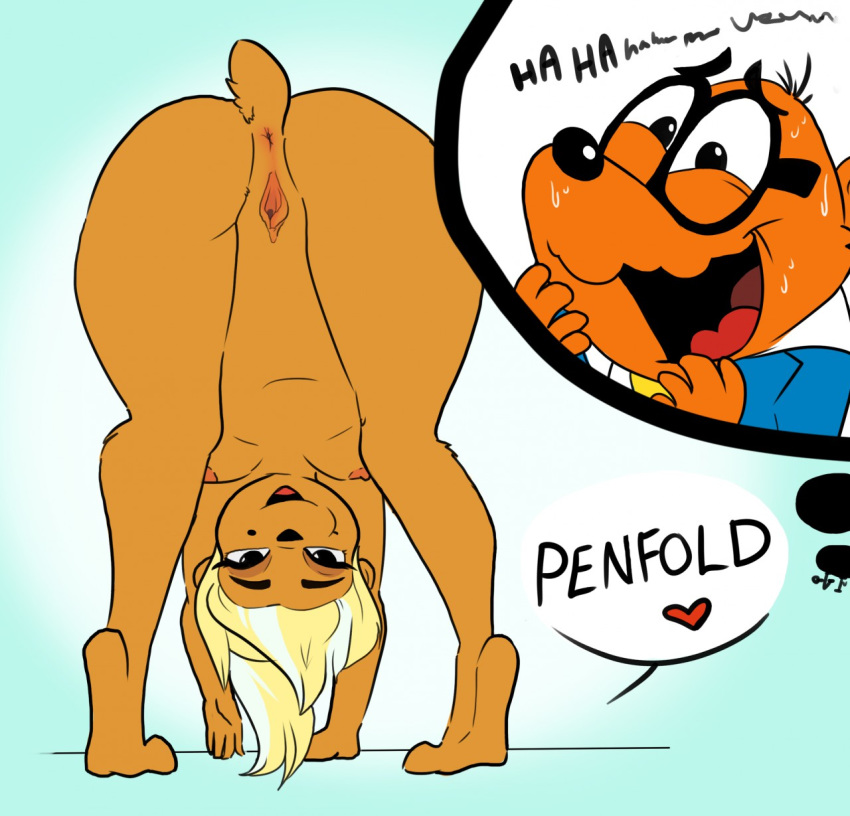 2019 all_fours anthro anus ass_up blonde_hair bodily_fluids breasts brown_body butt clitoris cricetid danger_mouse_(series) duo ernest_penfold eyewear female female_focus genitals glasses hair hamster hi_res jabberwockychamber laugh looking_at_viewer looking_through looking_through_legs male mammal nipples nude presenting presenting_anus presenting_hindquarters presenting_pussy pussy rear_view rodent scarlet_johamster solo_focus spread_legs spread_pussy spreading sweat text