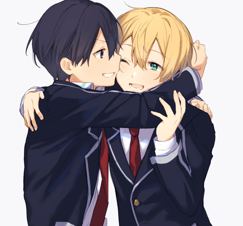 2boys ;d arms_around_neck bangs black_hair black_jacket blazer blonde_hair blue_eyes blush commentary_request eugeo from_side green_eyes grin hair_between_eyes highres hug jacket kirito long_sleeves looking_at_another male_focus multiple_boys necktie noro_(ro_no) one_eye_closed open_mouth red_neckwear school_uniform shirt short_hair smile sword_art_online upper_body white_shirt yaoi