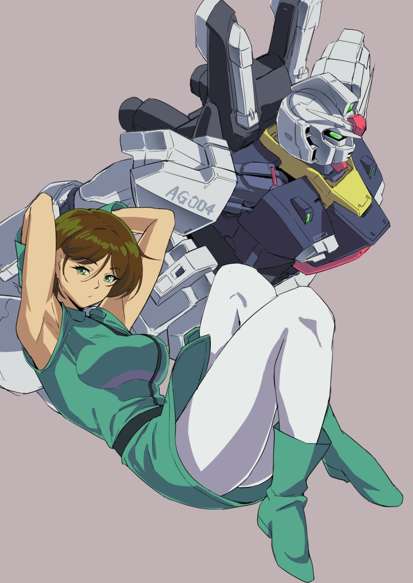 1girl arms_behind_head breasts brown_hair emma_sheen exocet floating green_eyes grey_background gundam gundam_mk_ii highres looking_at_viewer mecha medium_breasts short_hair v-fin zeta_gundam