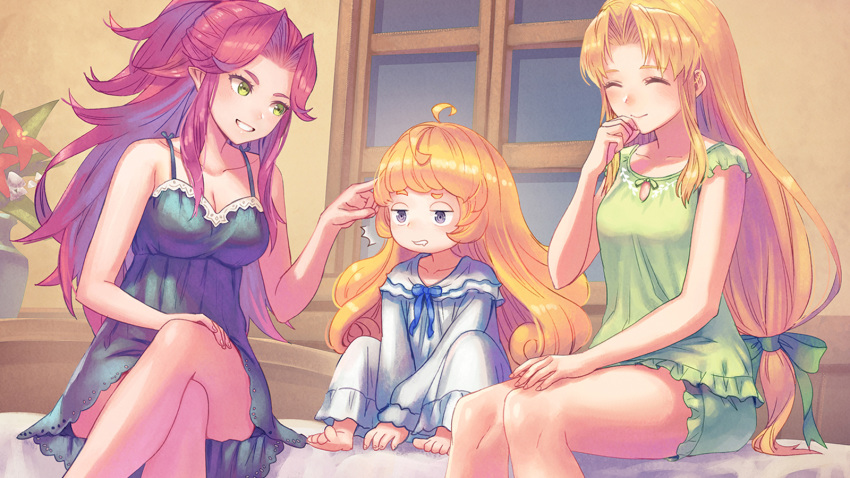 3girls ahoge anbe_yoshirou angela_(seiken_densetsu_3) bed breasts charlotte_(seiken_densetsu_3) cleavage frilled_shorts frills green_eyes highres long_hair looking_at_another low-tied_long_hair multiple_girls nightgown pajamas pointy_ears rabite riesz seiken_densetsu seiken_densetsu_3 shorts sitting slippers smile window