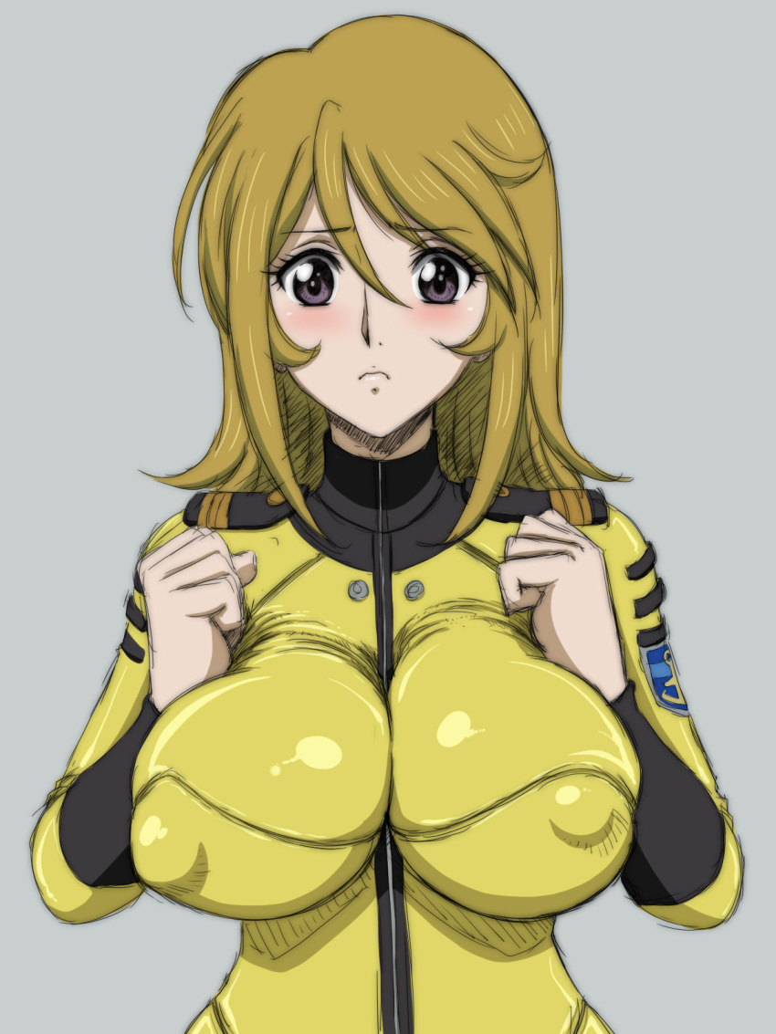 1girl bangs blonde_hair blush bodysuit breast_squeeze breast_suppress breasts closed_mouth covered_nipples eyebrows_visible_through_hair glamour_works grey_background highres large_breasts long_hair looking_at_viewer mori_yuki purple_eyes simple_background solo uchuu_senkan_yamato uniform yellow_bodysuit