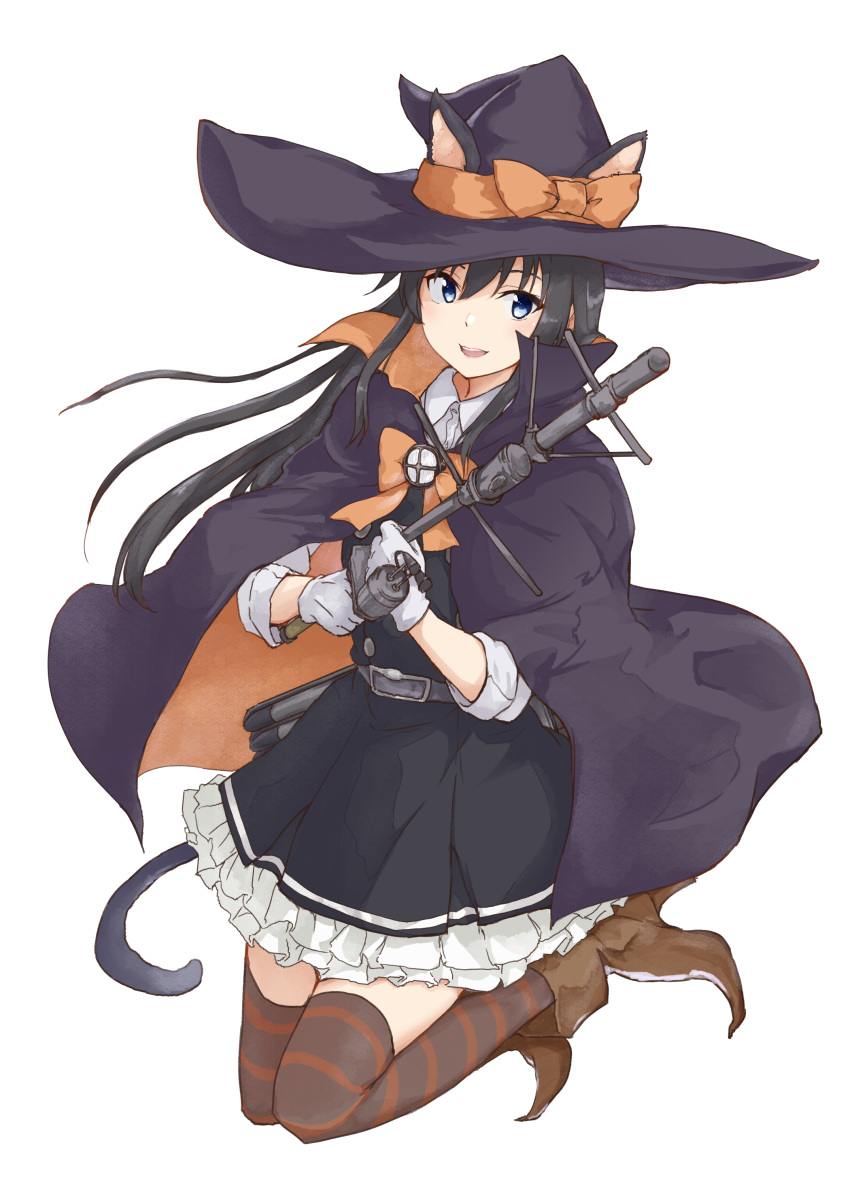 1girl :d absurdres animal_ear_fluff animal_ears asashio_(kantai_collection) bangs black_dress black_hair blue_eyes blush boots bow brown_footwear cape cat_ears cat_girl cat_tail collared_shirt dress dress_shirt eyebrows_visible_through_hair frilled_dress frills full_body gloves hair_between_eyes halloween hat hat_bow high_heel_boots high_heels highres holding kantai_collection long_hair long_sleeves looking_at_viewer multicolored multicolored_cape multicolored_clothes open_mouth orange_bow orange_cape pinafore_dress purple_cape purple_headwear rakisuto remodel_(kantai_collection) shirt simple_background smile solo striped striped_legwear tail thighhighs thighhighs_under_boots torpedo very_long_hair white_background white_gloves white_shirt witch_hat